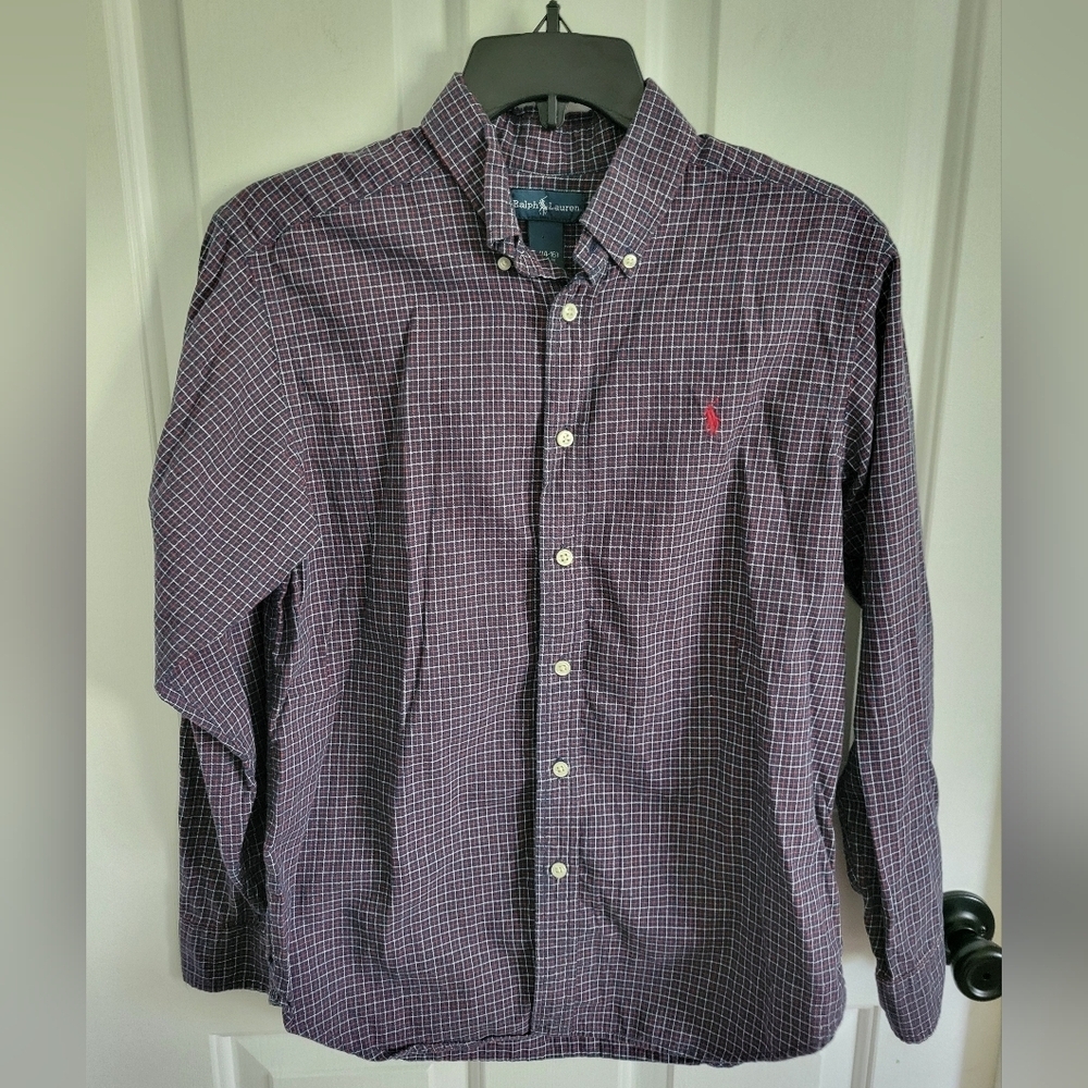 Ralph Lauren Boy's Blue Red Button-Up Long Sleeve Check Polo Size Large 14/16